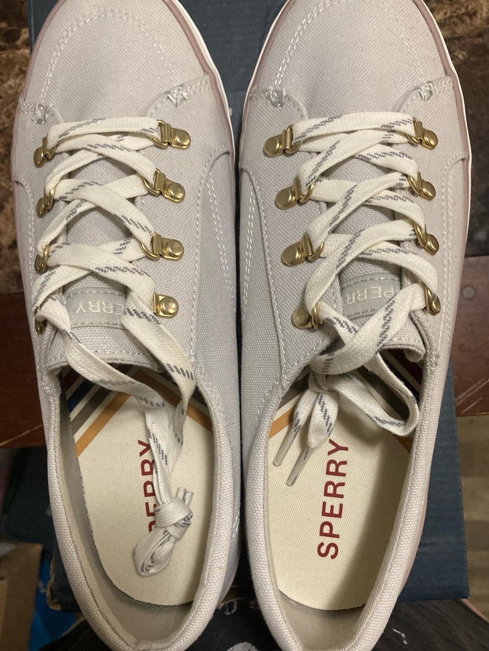 Sperry Women's Light Grey Canvas Lace-Up Sneakers with Gold Hardware